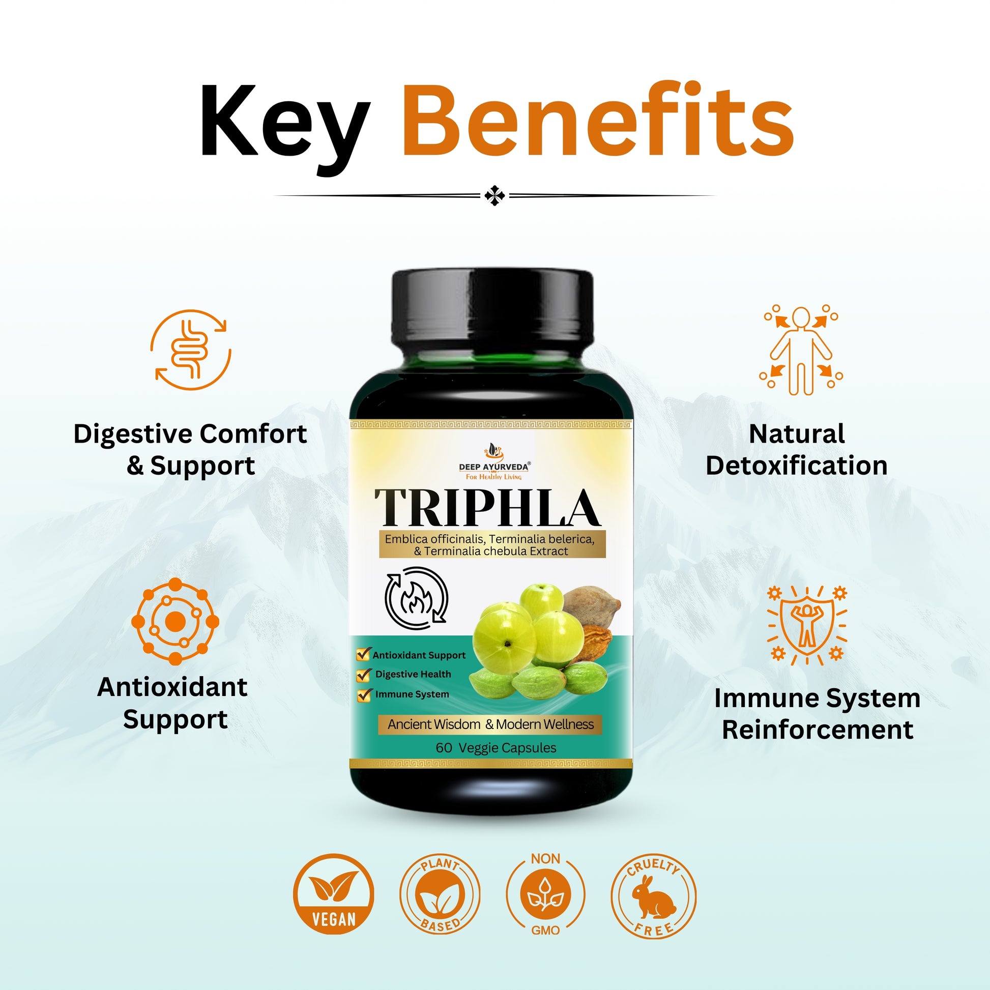 Triphala Vegan Capsule Made with 10:1 Extract | Supporting Vata, Pitta, and Kapha doshas-60Cap - Deep Ayurveda India