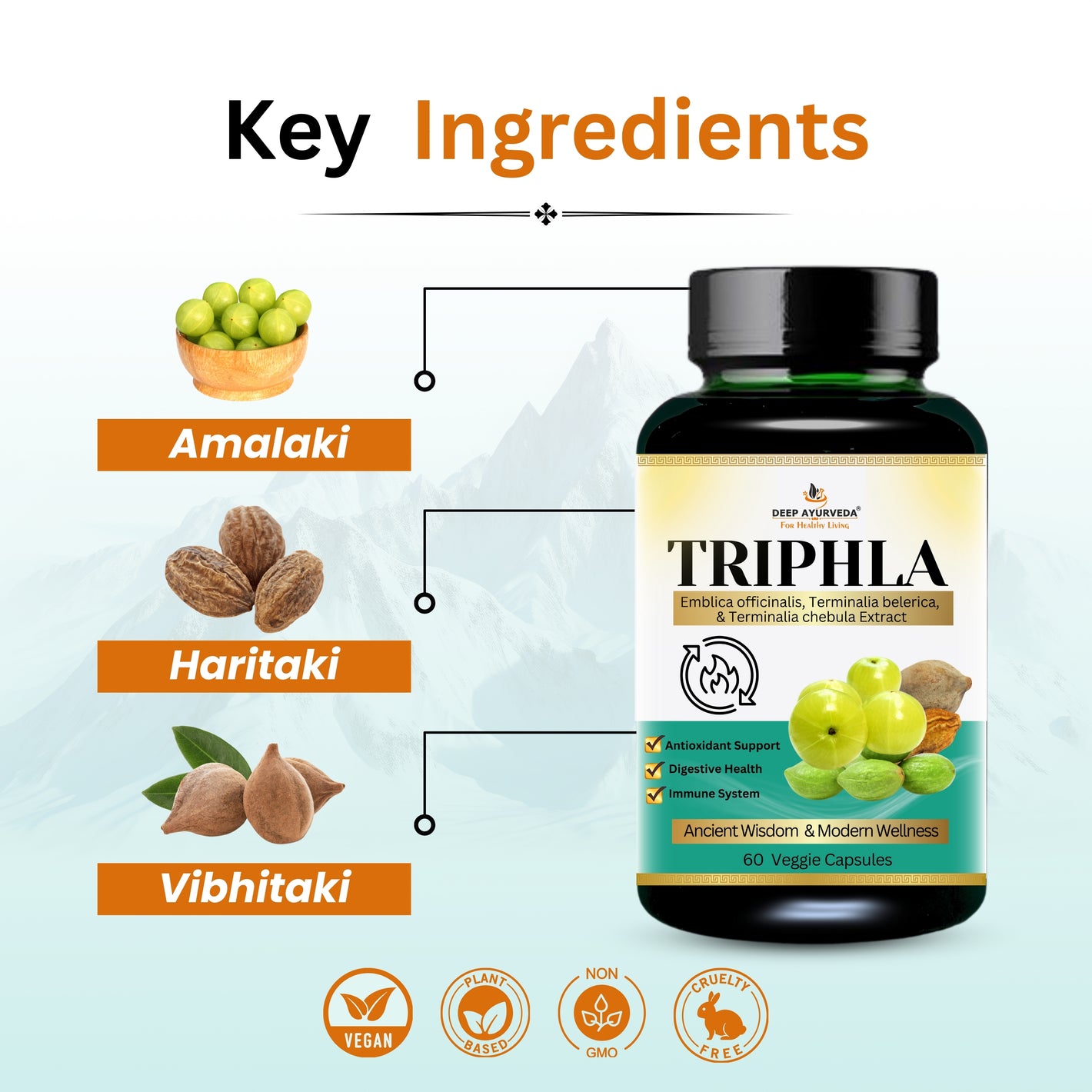 Triphala Vegan Capsule Made with 10:1 Extract | Supporting Vata, Pitta, and Kapha doshas-60Cap - Deep Ayurveda India