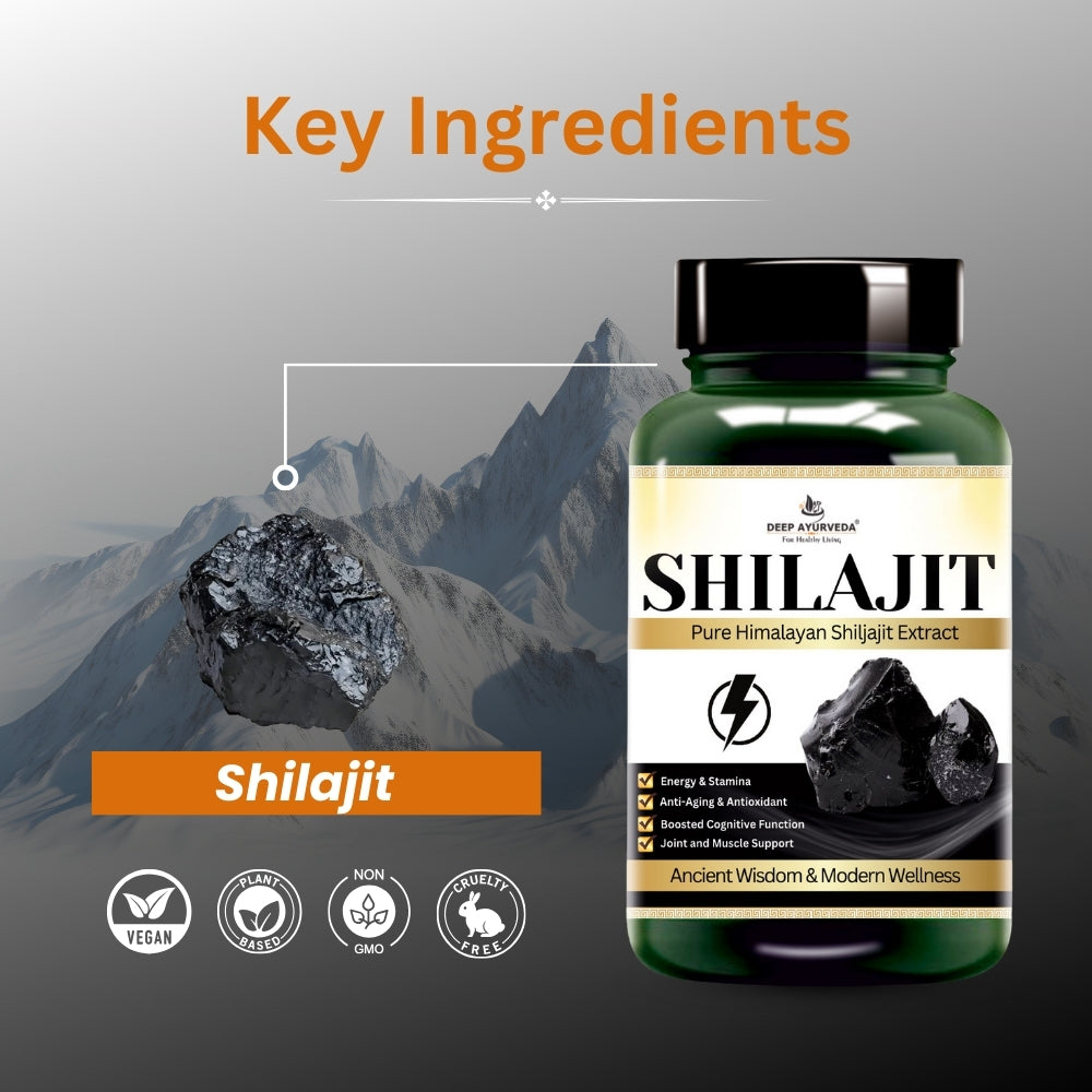 Shilajit Vegan Capsule With Higher Percentage of Fulvic Acid for Stamina & Testosterone-500mg - Deep Ayurveda India