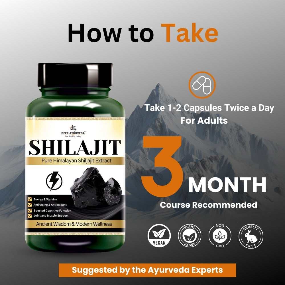 Shilajit Vegan Capsule With Higher Percentage of Fulvic Acid for Stamina & Testosterone-500mg - Deep Ayurveda India