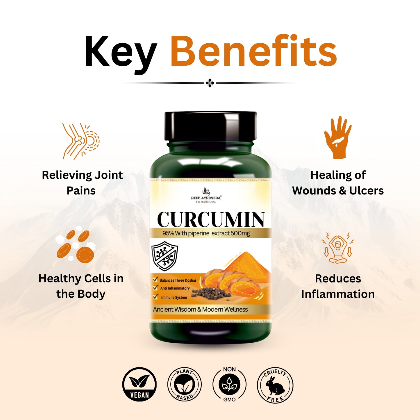 Curcumin 95% Vegan Capsule with 5% piperine to Enhance Absorption-60Cap - Deep Ayurveda India