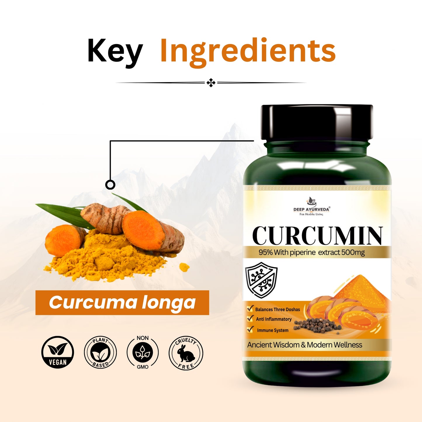 Curcumin 95% Vegan Capsule with 5% piperine to Enhance Absorption-60Cap - Deep Ayurveda India