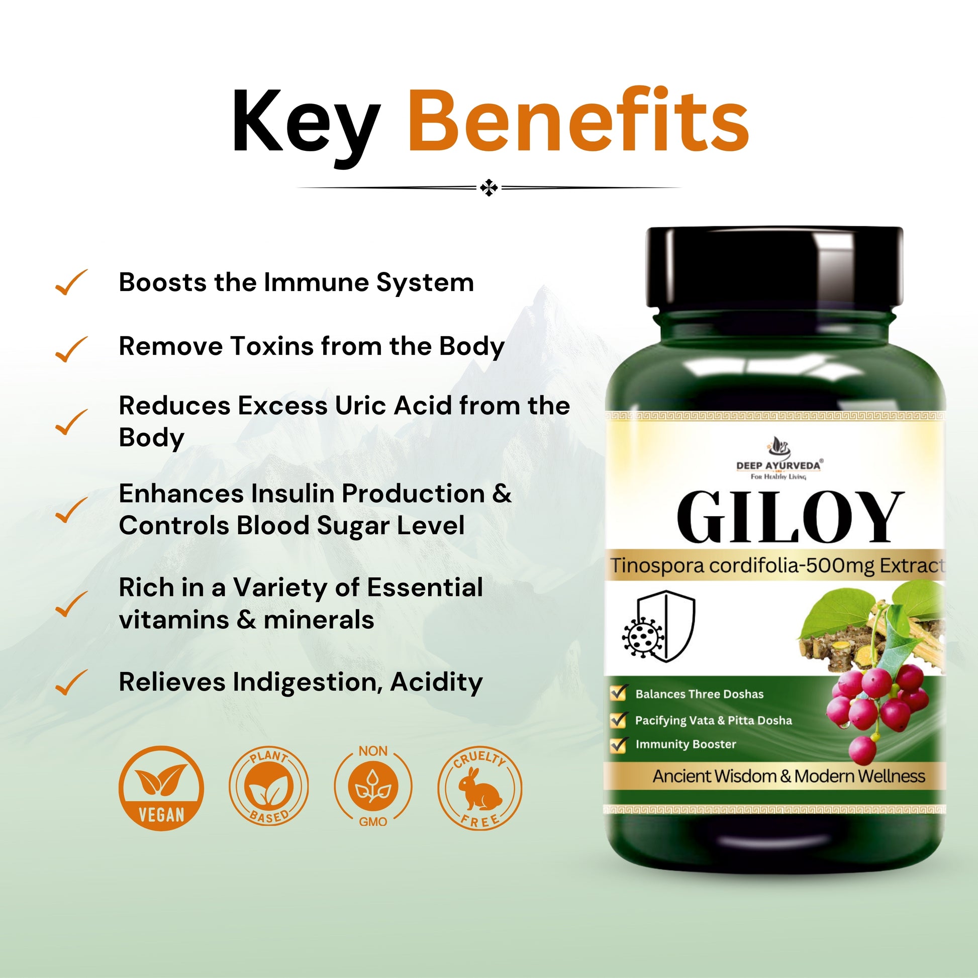 Giloy (Tinospora cordifolia) Vegan Capsule 500mg 10:1 Extract Based | Enhance immunity, Aid digestion & Antioxidant - Deep Ayurveda India