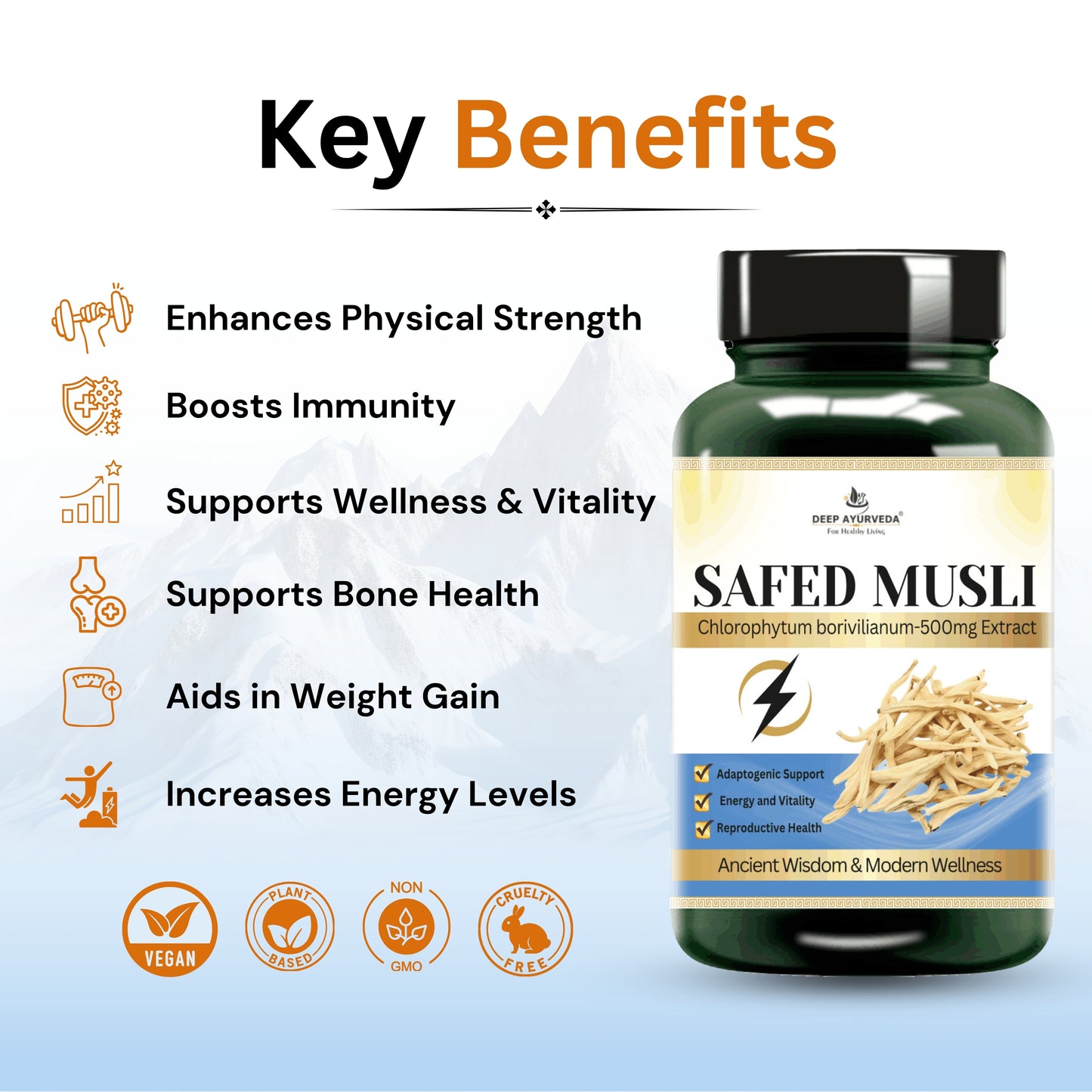 SafedMusli Veg Capsule Made with 10:1 Extract | Adaptogenic properties, Enhance Vitality, Stamina, & Physical performance | Supports Reproductive Health, boosts energy - Deep Ayurveda India