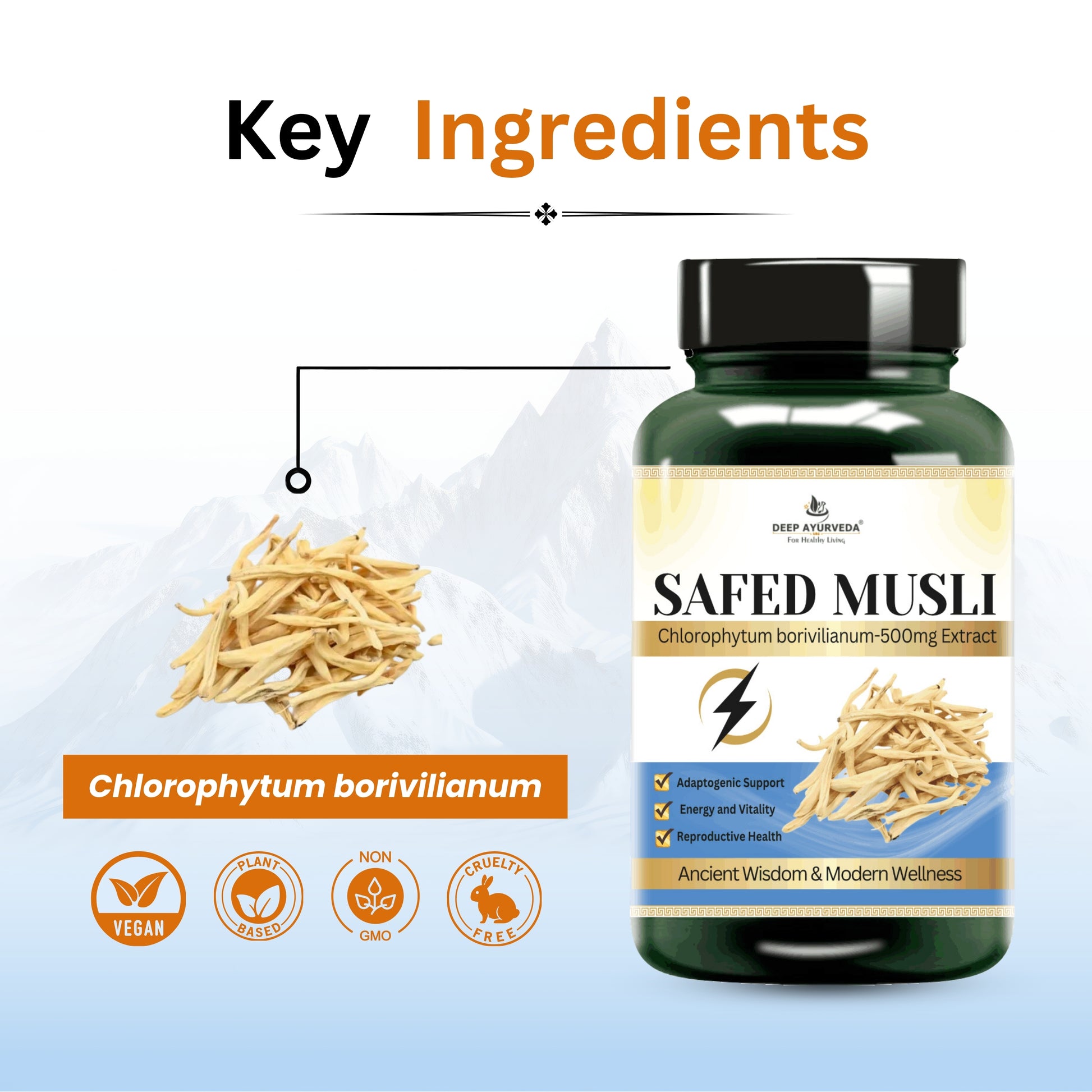 SafedMusli Veg Capsule Made with 10:1 Extract | Adaptogenic properties, Enhance Vitality, Stamina, & Physical performance | Supports Reproductive Health, boosts energy - Deep Ayurveda India