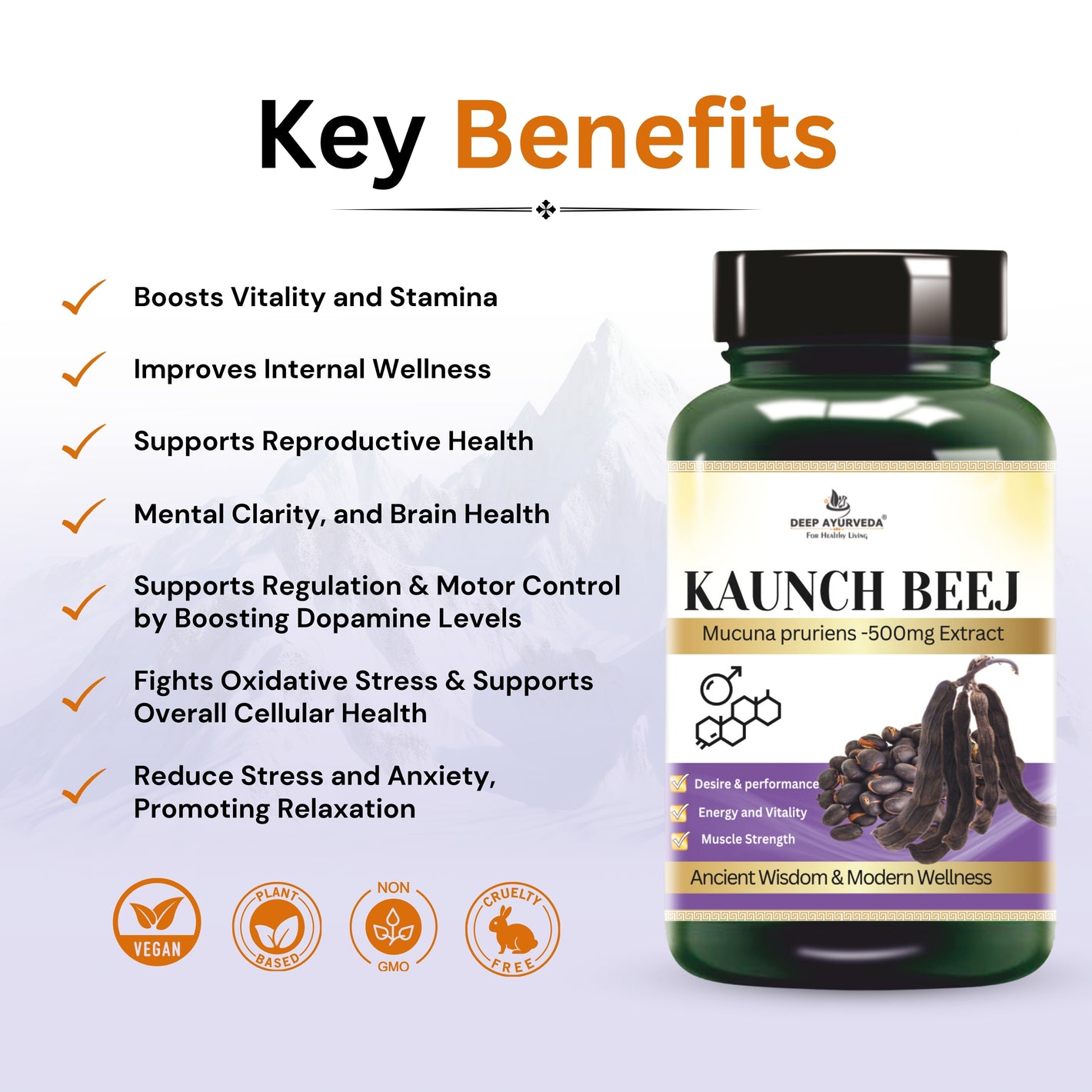 Kaunch beej Vegan Capsule 10:1 Extract Based for Extra Strength & Vitality | Testosterone Support - Deep Ayurveda India