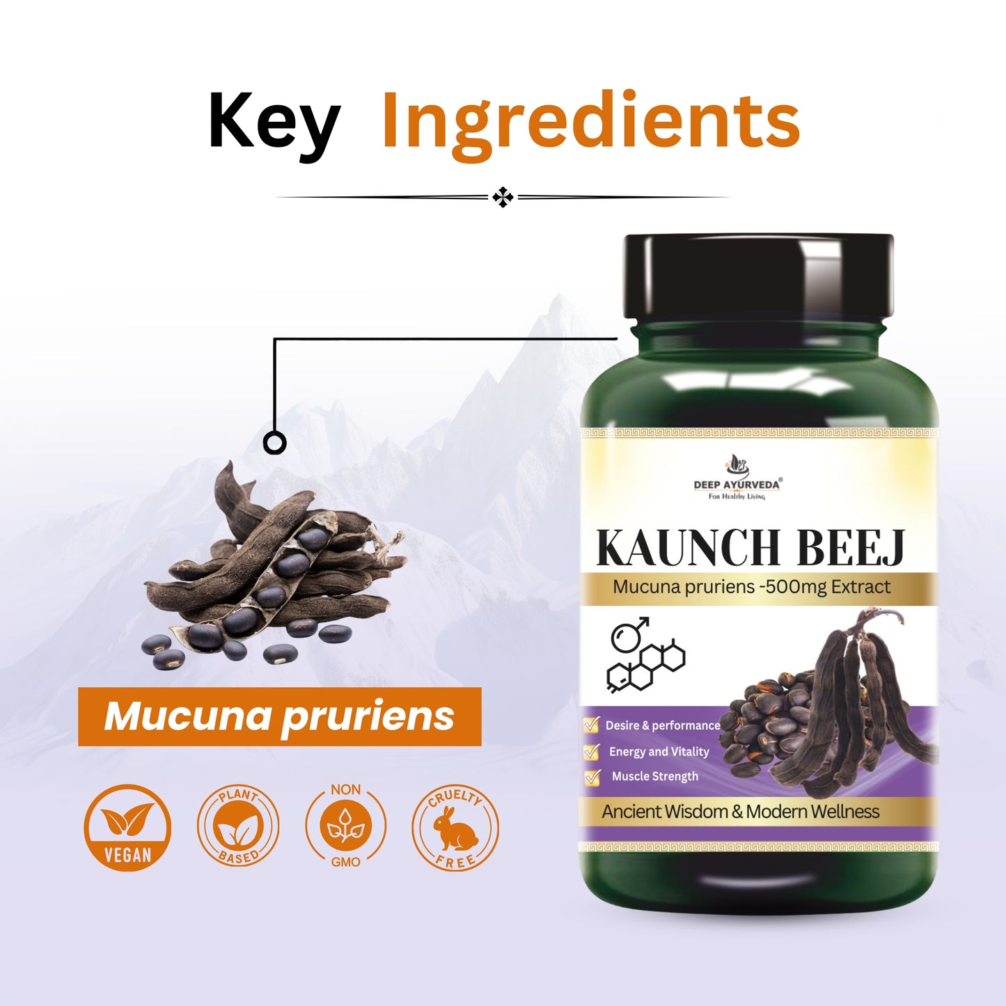 Kaunch beej Vegan Capsule 10:1 Extract Based for Extra Strength & Vitality | Testosterone Support - Deep Ayurveda India