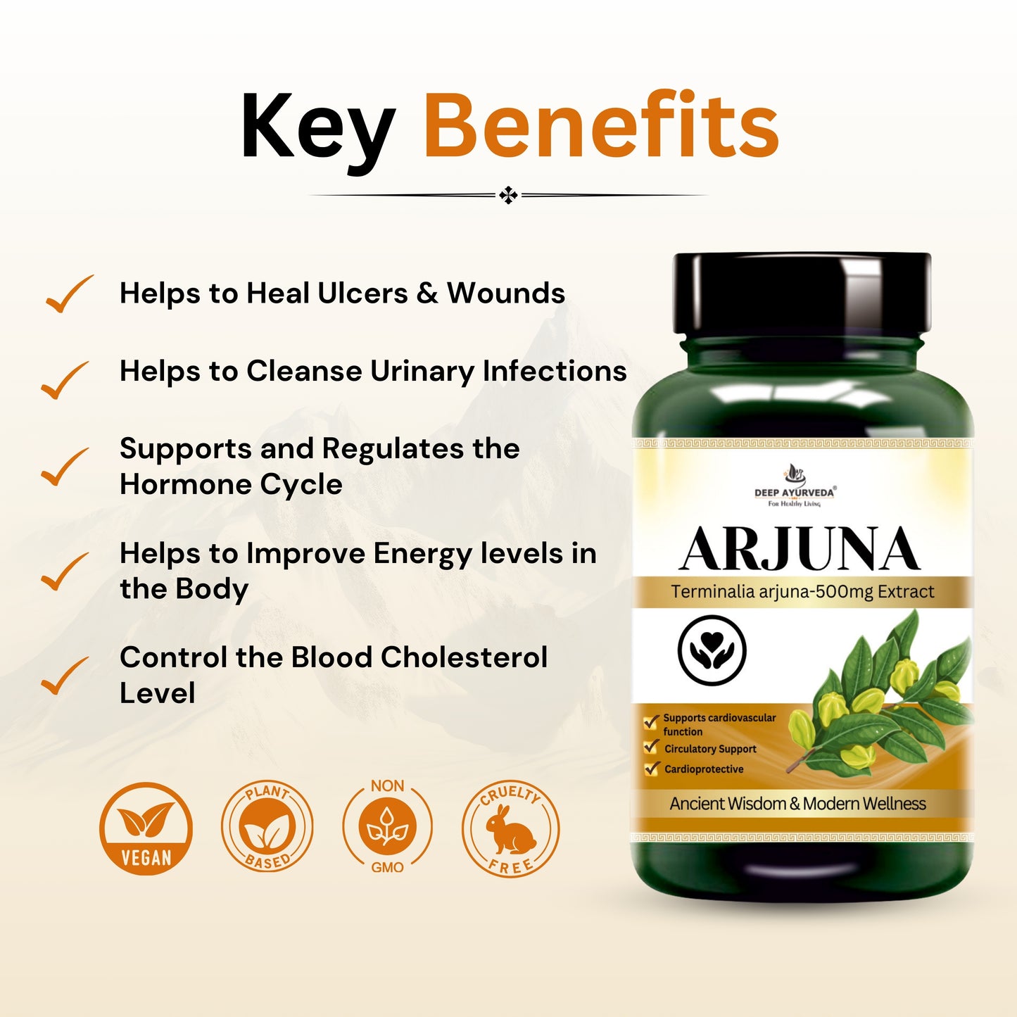 Arjuna 10:1 Extract Based Vegan Capsule | Support Heart Health, Blood Circulation, Blood Pressure, & Enhancing Overall Cardiac function - Deep Ayurveda India