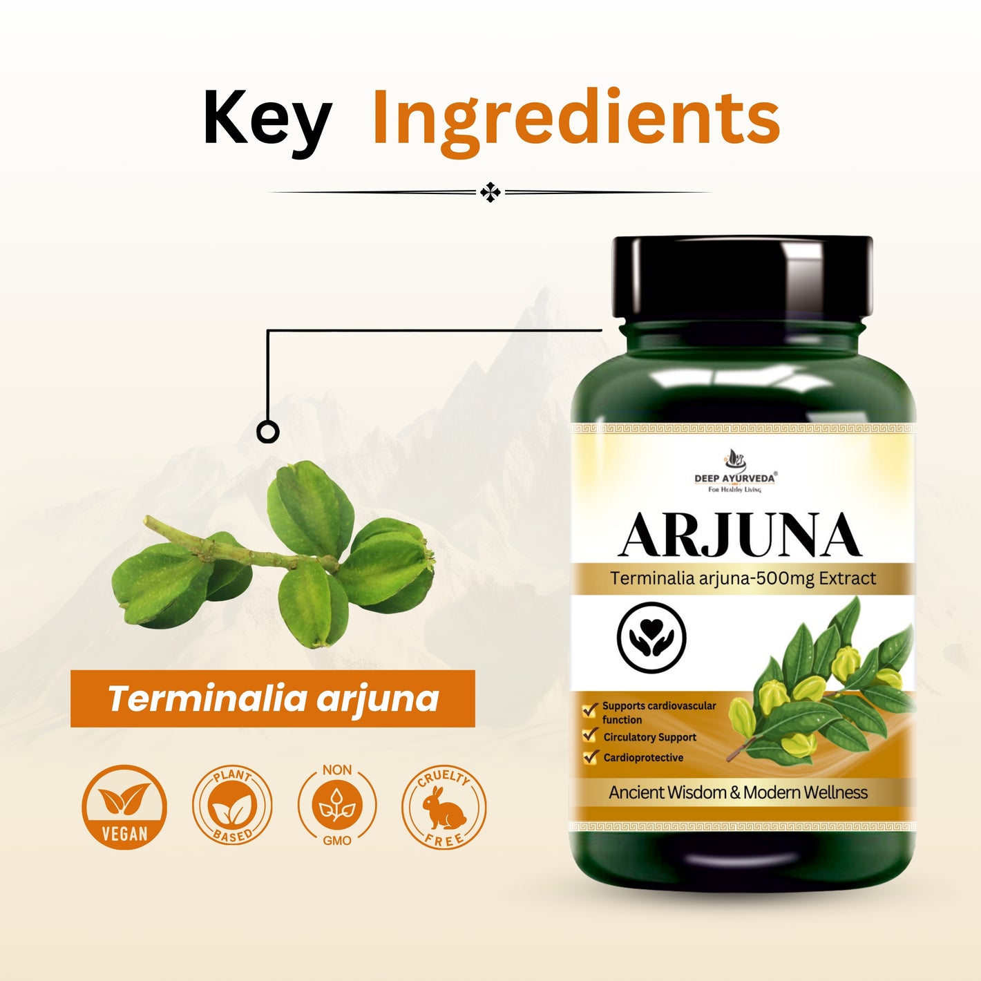 Arjuna 10:1 Extract Based Vegan Capsule | Support Heart Health, Blood Circulation, Blood Pressure, & Enhancing Overall Cardiac function - Deep Ayurveda India