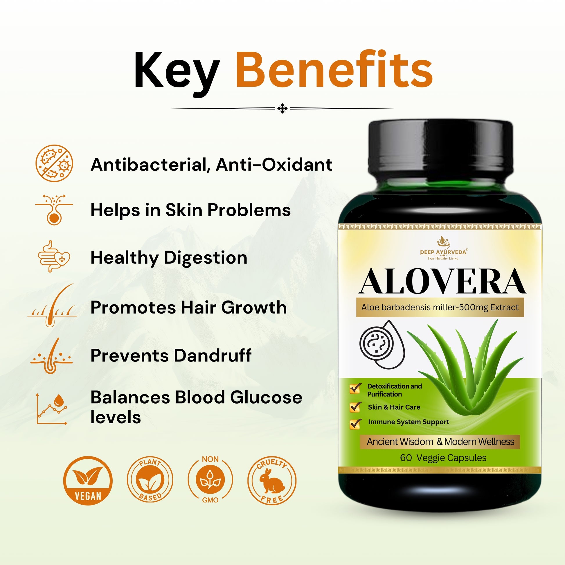 Aloe Vera Vegan Capsule | 10:1 Extract Helps in Skin Care, Digestive Support & Tridosha Balance - Deep Ayurveda India