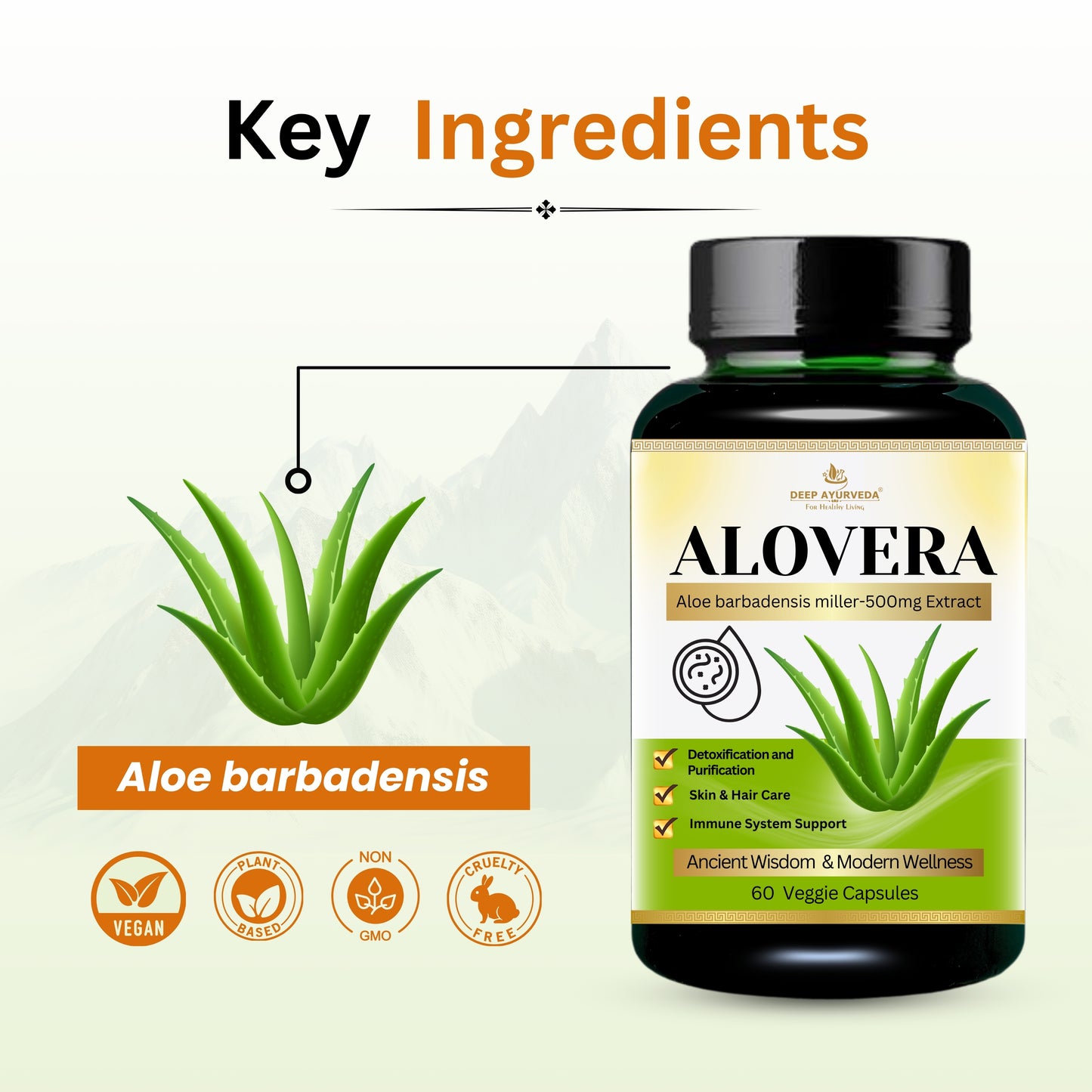 Aloe Vera Vegan Capsule | 10:1 Extract Helps in Skin Care, Digestive Support & Tridosha Balance - Deep Ayurveda India