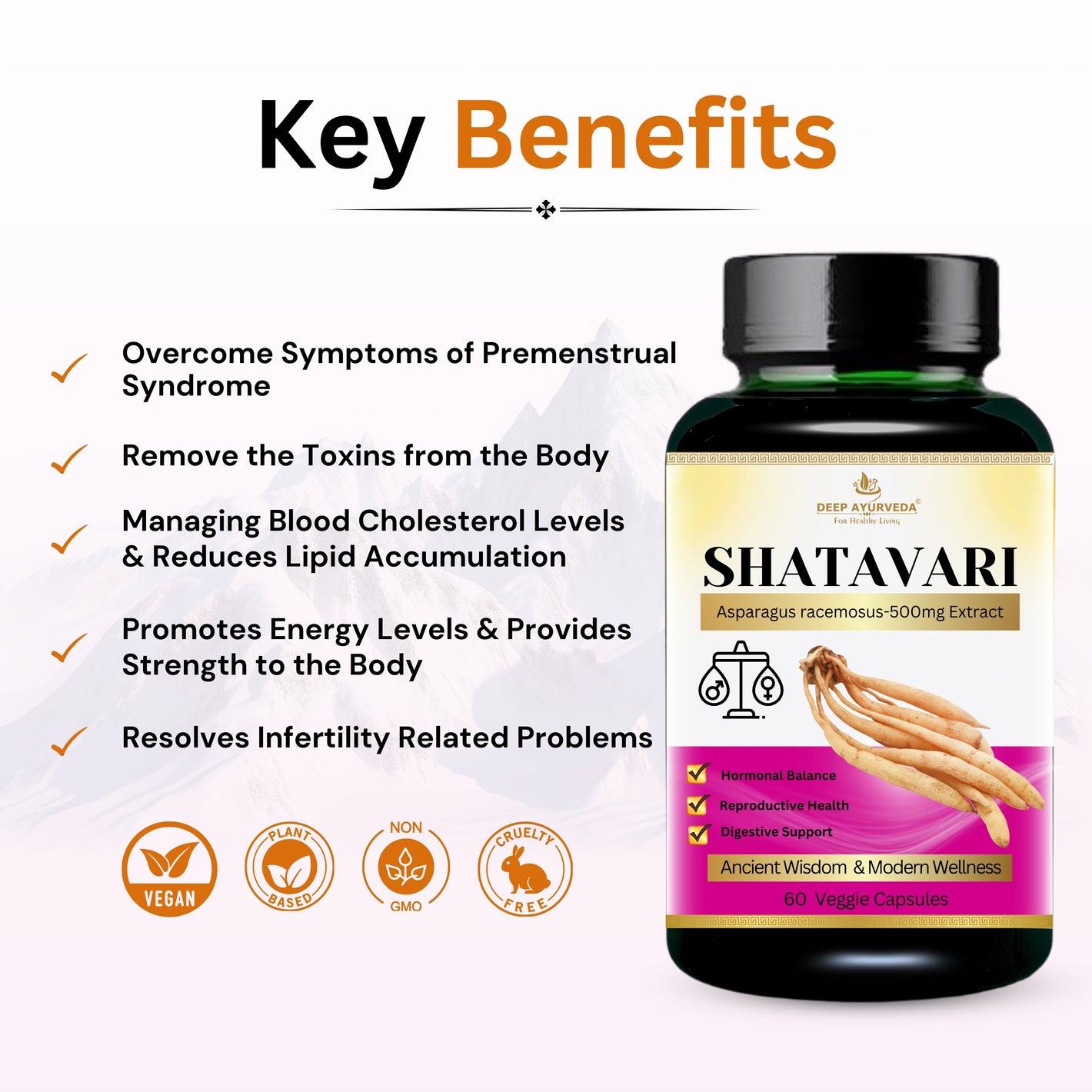 Shatavari Vegan Capsule 10:1 Root Extract | Support Women's Wellness, Hormonal Balance, managing stress, Boost Immune system & Good Digestion. - Deep Ayurveda India