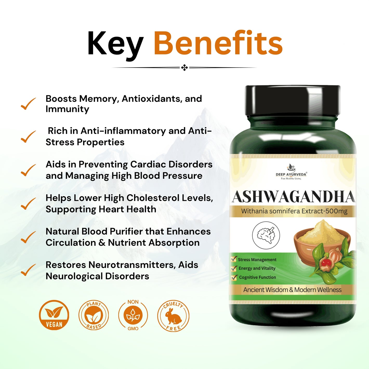 Ashwagandha Vegan Capsule Made with 10:1 Extract | Reduces  Stress, Improved Energy & Mental Clarity - Deep Ayurveda India