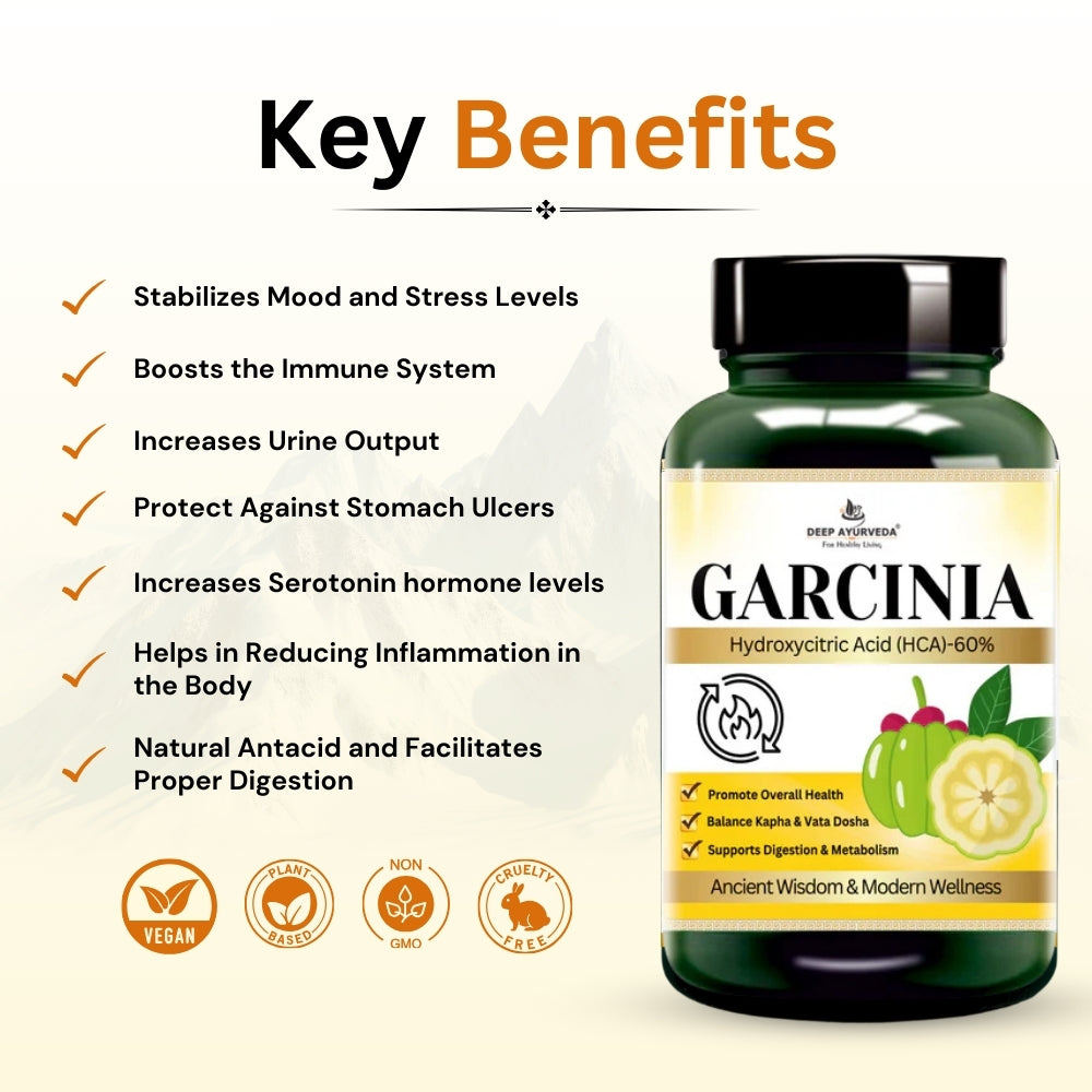 Garcinia Cambogia Vegan Capsule with 65% HCA for Weight Management | Appetite-Suppressing & Fat-Burning - Deep Ayurveda India