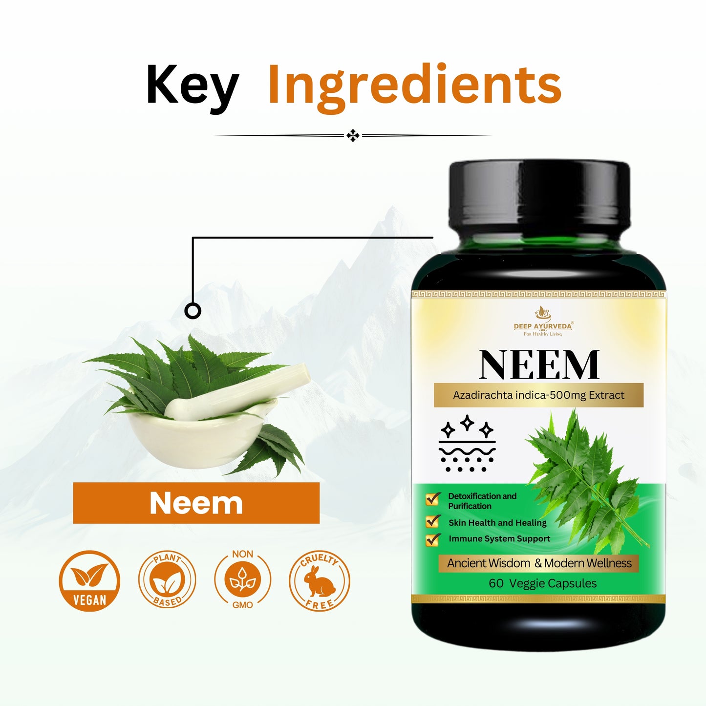 Neem ( Azadirachta indica ) Vegan Capsule | Blood Purifier, Skin care, detoxification, and Supporting Overall Health - Deep Ayurveda India