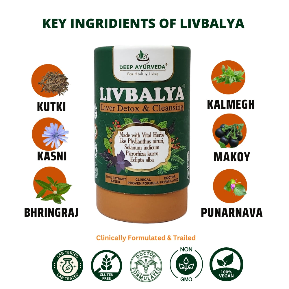 LivBalya®Liver Detox Formula | Liver Detox & Cleanse, Fatty Liver, High Cholesterol & Alcoholic Liver- Vegan Capsule - Deep Ayurveda India